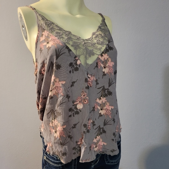 Self Esteem Purplish Gray Floral Lace Double V-Neck Cami Tank Top - Picture 2 of 6